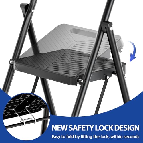 KINGRACK Folding 4 Step Ladder, Portable Ladder for Multi-Purpose, Home, Kitchen, Heavy Sturdy Steel Step Stool with Anti-Slip Wide Pedals, Handrail, Safe-Lock Design, Pass 500lbs Load Testing, Black - Thumbnail 2