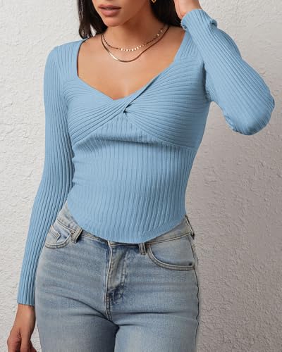 Image of CHYRII Womens Sexy Fall Fashion Twisted Tops Ribbed Knit Winter Pullover Sweater Going Out Crop Tops