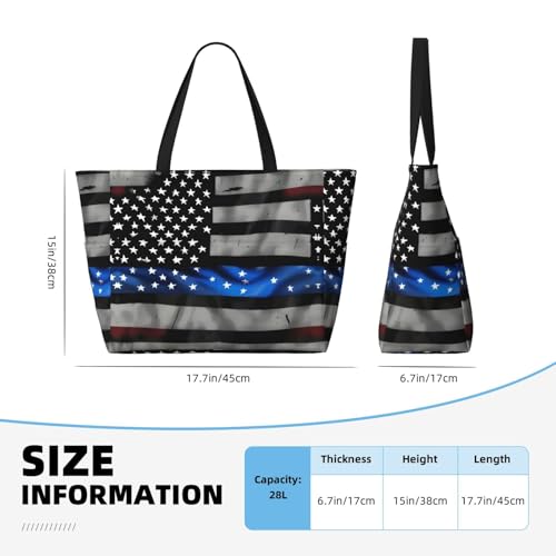 American Blue Line Flag Print Beach Tote Bag Large Travel Bag With Zipper And Pockets Lightweight Gym Bag4