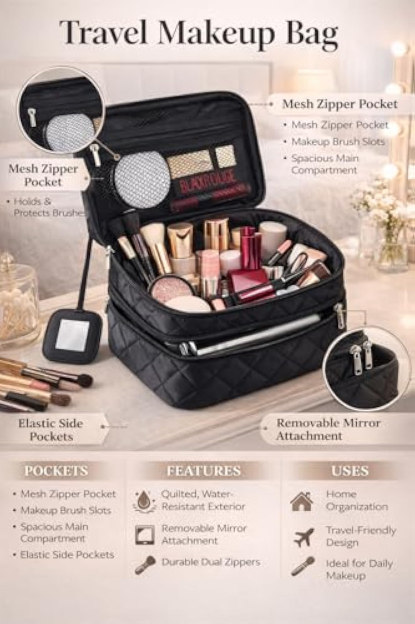 Double Layer Quilted Nylon Travel Makeup Bag, Black