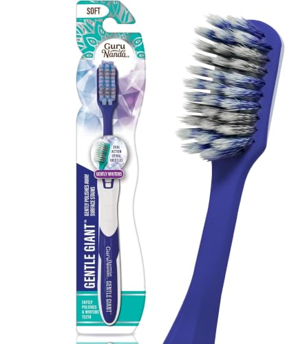 GuruNanda Gentle Giant Toothbrush with Dual Action Flossing Spiral Bristles, Non-Slip Ergo Dexa Grip, Helps in Teeth Whitening, BPA Free, (1 Count) (Pack of 6)