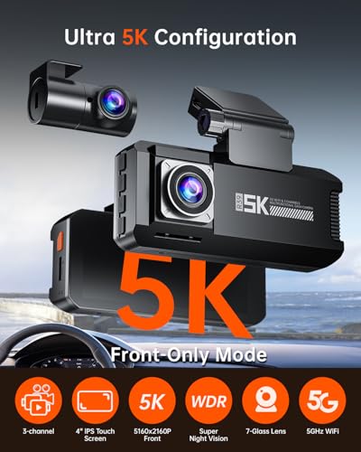 Martalk 3 Channel 5K Dash Cam with Built-in GPS & 5G WiFi, UHD 4K+1K+1K Triple Car Camera, 3.99\" IPS Touch Screen, 64GB Card, Front, Rear & Inside View, 24/7 Parking Monitoring for Cars