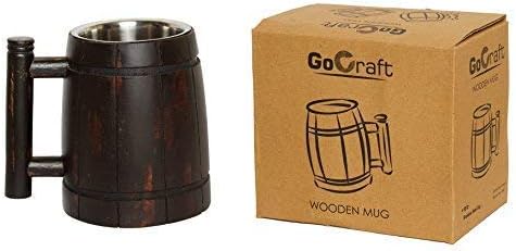 GoCraft Handmade Wooden Beer Mug with 18oz Stainless Steel Cup | Great Beer Gift Ideas Wooden Beer Tankard for Men | Vintage Bar accessories - Barrel Brown Retro Design