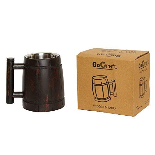 Gocraft Handmade Wooden Beer Mug With 18Oz Stainless Steel Cup | Great Beer Gift Ideas Wooden Beer Tankard For Men | Vintage Bar Accessories - Barrel Brown Retro Design #TOP5