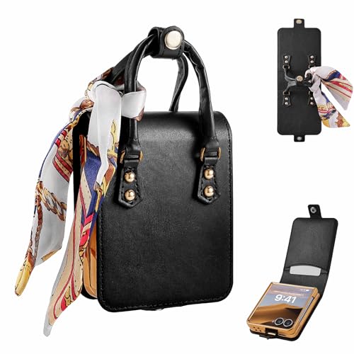Image of for Samsung Galaxy Z Flip 7 Case, Cute Mini Handbag Wallet Phone Case with Card Holder, Silk Scarf & Handle Strap, Luxury PU Leather Protective Cover - Black