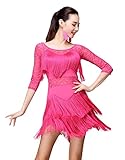 ZX Women Lace Fringe Flapper Tango Rumba Cha Cha Latin Dance Dress with Shorts Small Fuchsia