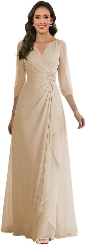 Women's Chiffon Mother of The Bride Dresses Long Sleeve Ruched A Line Ruffles Forma...
