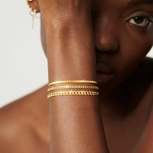 Bracelet for Women - Dainty Stack Bracelets Trendy Adjustable 14K Gold Plated Thin Paperclip Bead Box Satellite Figaro Cuban Link Chain Bracelet Set for Women Waterproof Jewelry Gift