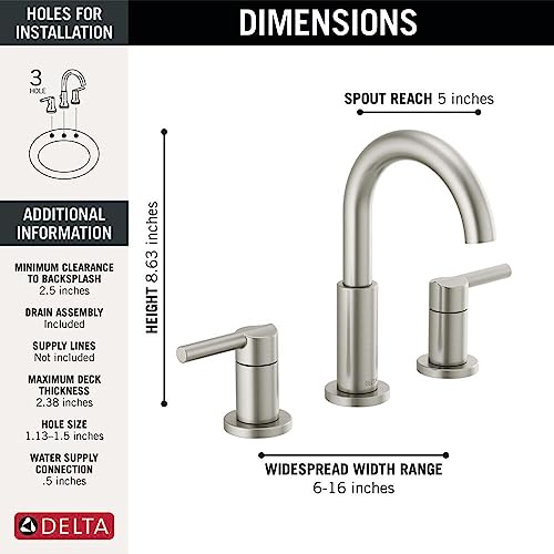 Delta Faucet Nicoli Widespread Bathroom Faucet Brushed Nickel, Bathroom Faucet 3 Hole, Bathroom Sink Faucet, Drain Assembly, Stainless 35749LF-SS thumbnail 5