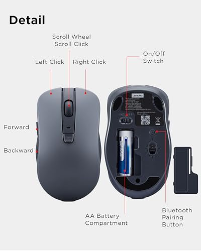 Lenovo Bluetooth Silent Mouse (WL300) - 5 Button Computer Mouse with Silent Left & Right Click – Sculpted Grip, Microsoft Swift Pair, Up to 1600 DPI (Grey) - Image 8