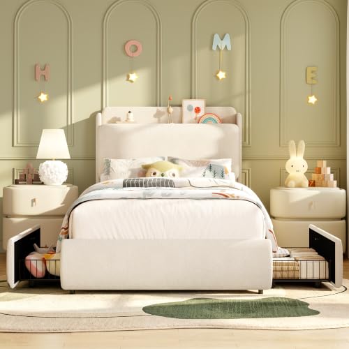 Image of Garvee Twin Size Bed Frame with Shelf & Drawers for Kids- Beige