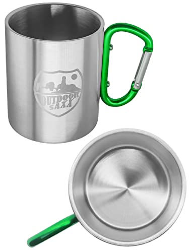 OUTDOOR SAXX® Stainless Steel Mug with Carabiner Handle and Laser Engraving (Green), 8,9 cm x 7,5 cm - Image 2