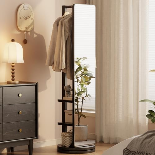 Image of WoodsWhisper Full Length Mirror Coat Rack Solid Wood Floor Mirror 66 inchx12 inch Full Length Mirror with Stand Long Mirrors for Bedroom,Living Room (Black, 66 inch Lx12 W)