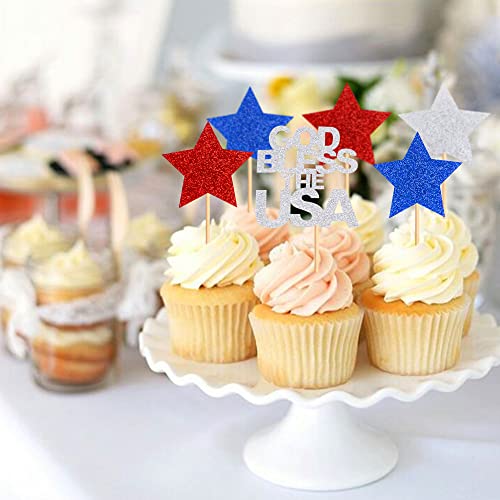 Cyodoos Pack Of 24 God Bless The Usa With Stars Cupcake Toppers Independence Day Cupcake Toppers 4Th Of July Patriotic Cupcake Picks Toothpicks Decorations For Independence Day Party Supplies #TOP4