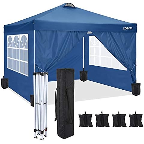 cobizi Gazebo 3 x 3 m Folding Gazebo Waterproof PVC Coating Gazebo Roof UV Protection 50+ with 4 Side Panels for Gazebo 3 x 3 m Pop Up Party Tent Garden Gazebo Tent Includes 4 Sandbags (Blue) Cover