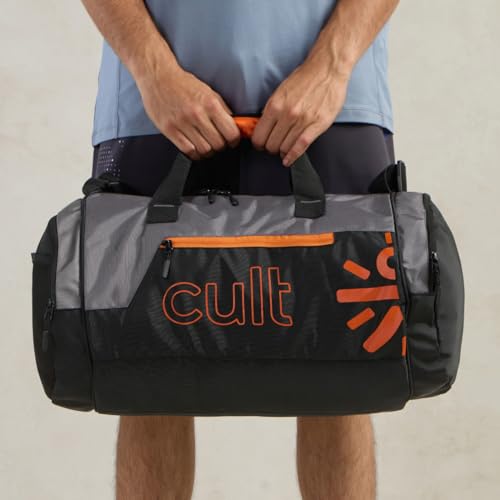 Image of Cultsport 35L Gym /Duffle Bag for Men & Women | Water-Resistant Sports Travel Bag with Shoe Compartment, Adjustable Shoulder Strap, Side Pocket & Spacious Main Storage - Grey Orange