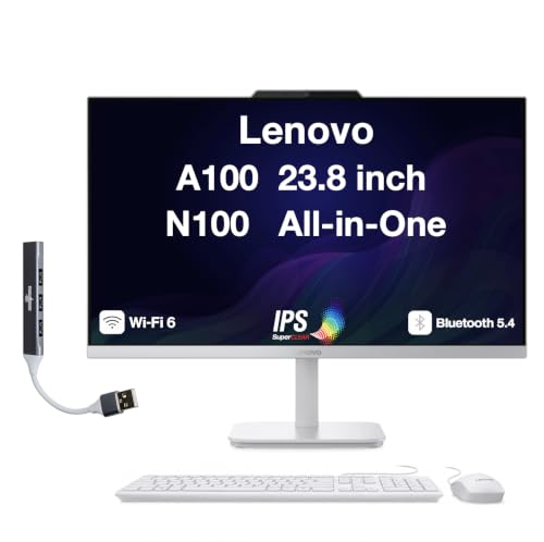 Image of Lenovo A100 Everyday Value All-in-One 23.8 inch IPS FHD Display (Intel N100, 16GB DDR5, 256GB PCIe SSD, Intel UHD, WiFi 6, Webcam, Bluetooth 5.4, Win 11 Home) w /DKZ USB Port Expander