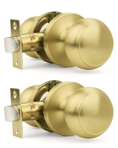 Orger 2 Pack Brushed Brass Passage Door Knobs Interior, Classic Round Shape Copper Doorknobs with Non-Locking, Keyless Modern Design Door Lockset for Closet and Hallways