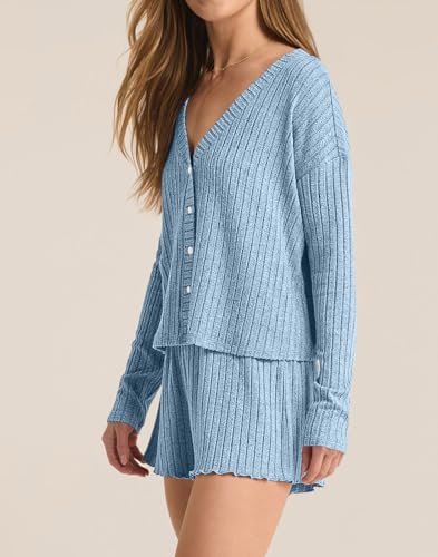Dressmine Womens Long Sleeve Pajama Sets Button Up Pajamas Sleeping Shorts 2 Piece Lounge Set Knit Sexy Sleepwear