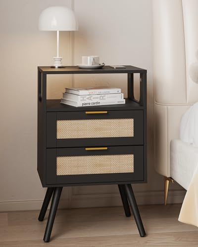 Image of JOONEE Rattan Nightstand,Farmhouse Bedside Table with 2 Storage Drawer and Open Wood Shelf, for Bedroom and Small Spaces,Night Stand with Solid Wood Legs (Black)