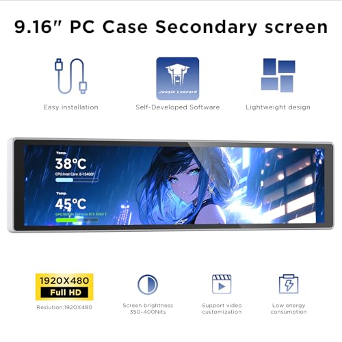 Image of 9.16 Inch LCD Mini Secondary Monitor PC Computer|Customizable 1920*480 IPS Temperature display screen|USB TYPE-C 9-Pin Motherboard Connection for Laptop Computer Windows GPU CPU-White