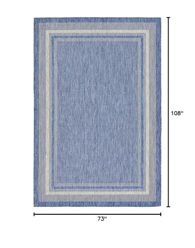 Unique Loom Outdoor Border Collection Area Rug - Soft Border (6' 1" x 9' Rectangle, Blue/ Ivory) - Image 2