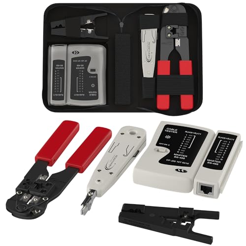 RedStar24 Netzwerk-Werkzeugset 4-in-1 – RJ45 Crimpzange, LSA Auflegewerkzeug, LAN Netzwerktester & Abisolierer – Profi Kabeltester Set für RJ45, RJ11, CAT7, CAT6a, CAT6 – inkl. Tasche