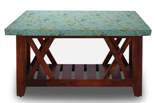 Image of The Furnishing Tree Elastic Cotton Rectangular Center Table Cover 24x36 in Inches Floral Golden Leaf on Blue Base
