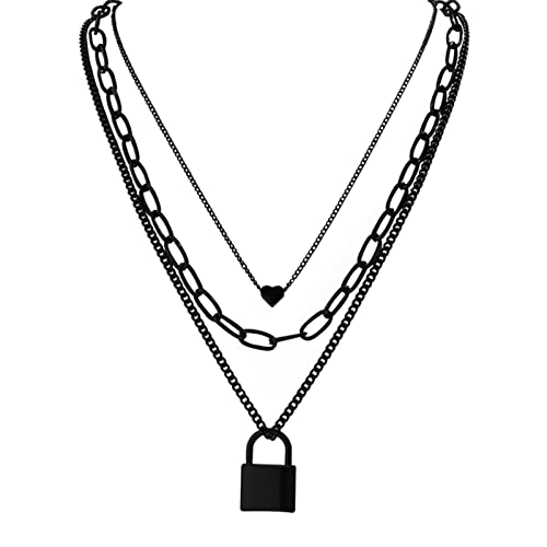 Stacked Necklaces for Women Black Lock Chains Heart Grunge Layered Necklace Aesthetic Pendant Multilayer Choker