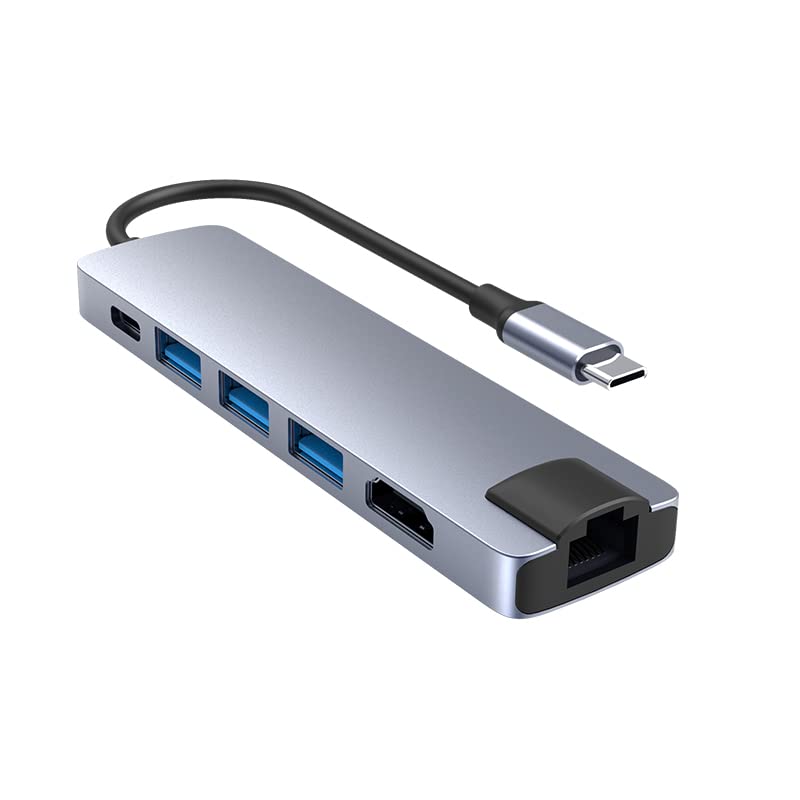 Image of Verilux USB C Hub with Ethernet 6 in 1 USB Type C Hub with 4K HDMI Converter, Multi USB Port for Laptop with USB Hub 3.0 and 2.0 PD 87W Charging Port for MacBook Air M1 Pro, Type-C Device and Switch