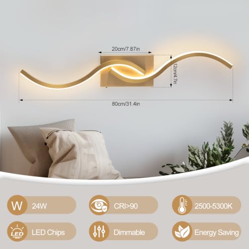 Image of Modern Wall Sconce Set of 2, 31.5 Inch 5CCT Dimmable LED Vanity Light Fixture, Gold Wall Lamp 2500K-5300K Hardwired, Indoor Bathroom Light Over Mirror for Bedroom Living Room Hallway