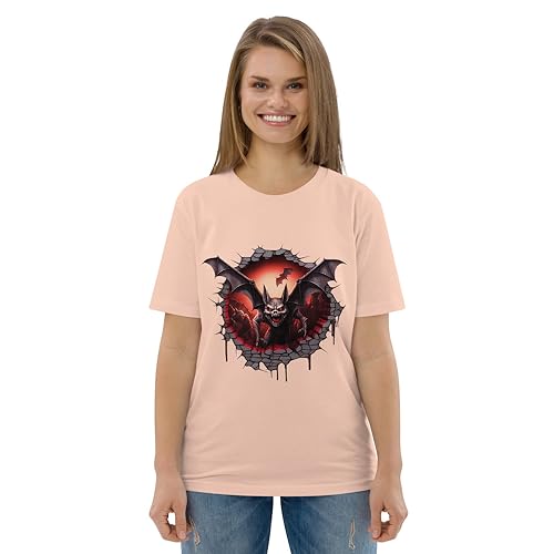 T-shirt Halloween chauve-souris 3D rose poudré en coton bio pour femme
