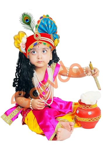 Image of Sarvda Shree Krishna Dress for Baby Boy & Radha Dress for Girls | Janamashtami Dress | Fancy Dress Costume with Accessories Dhoti, Dupatta, Mukut Flute Complete set, Ethnic wear