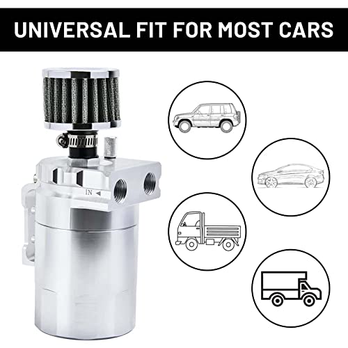 Universal Baffled Oil Catch Can 300Ml Aluminum Polish Oil Separator Catch Can Kit Reservoir Tank With Breather Filter & 3/8" Fuel Line/6 Fittings/Necessary Accessories,Silver #TOP6