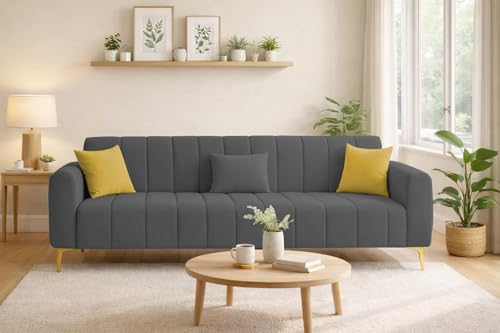 Image of Casaliving Velour Modern Velvet Sofa, Tufted Design Upholstered 3 Seater Sofa Set for Living Room, (Black Colour) Premium Velvet Fabric Sofa