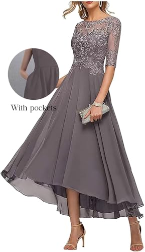 ALEESHUO Tea Length Mother of The Bride Dresses for Wedding Emerald Formal Dress 3/4 Sleeve High Low Evening Party Gowns US12 Emerald2