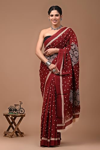 Image of Crafts Moda Hand Block Ajrakh Print Cotton Saree for women with Blouse | Soft comfortable wear sari