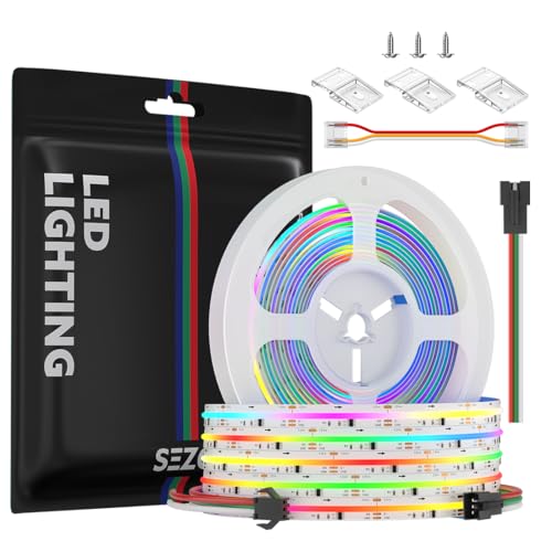 SEZO WS2811 IC RGB COB LED Strip Lights 16.4FT 864LEDs/M DC12V 12mm Width CRI 90+ IP30 High Density Uniform Color Chasing Addressable RGB FCOB LED Tape for Home Decor DIY(No Adapter & Controller)