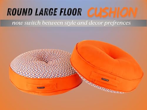Image of Reversible 50x50x10 cm Woven Quilted Orange Floor Cushion with Cotton Filler for Seating, Patio Seat, Meditation, Yoga, Pooja, Guests, Living Room, Bedroom, Large Size 20x20x4 Inch
