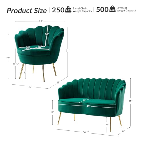 Image of HULALA HOME 3 Piece Velvet Living Room Furniture Set, Including Loveseat & 2 Sofa Chairs, Modern Comfy Upholstered 2-Seater Sofa & Accent Chair Set for Bedroom, Flower Shaped Back & Gold Legs, Green