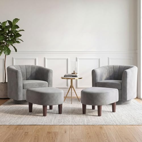 LINSY 360° Swivel Accent Chairs Set of 2, Modern Velvet Chair with Ottoman, Comfy Upholstered Armchairs, Reading Chair with Footrest for Living Room, Bedroom, Apartment, Standard Size, Grey