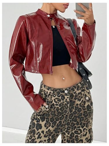 Verdusa Women's Leather Jacket Motorcycle Y2k Bomber Jackets Zip Up Cropped Outerwear4