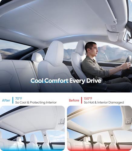 Image of Wigoo Tesla Model Y Sunshade Roof [Never Sag, Nano Ice-Crystal Coatings] 3-Gen Heat Insulation Glass Roof Sun Shade, Accessories for Tesla Model Y 2020~2025, Tesla Interior Gray