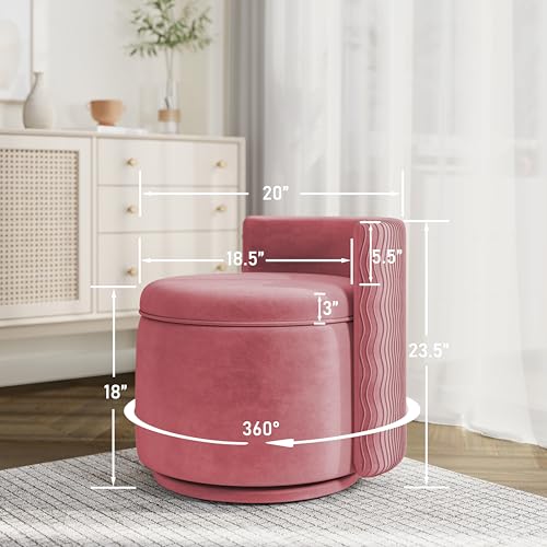 allamazing 360°回転アクセントチェア 収納付き バニティスツール 背もたれ付き ベルベット収納オットマン 布張りのラウンドバレルバニティチェア リビングルーム 化粧室 寝室用 (ダスティローズ) [3]