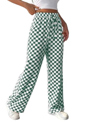 Image of Women's Casual Checkered Pants Drawstring Elastic Waist Comfy Loose Straight Wide Leg Plaid Pants with Pockets