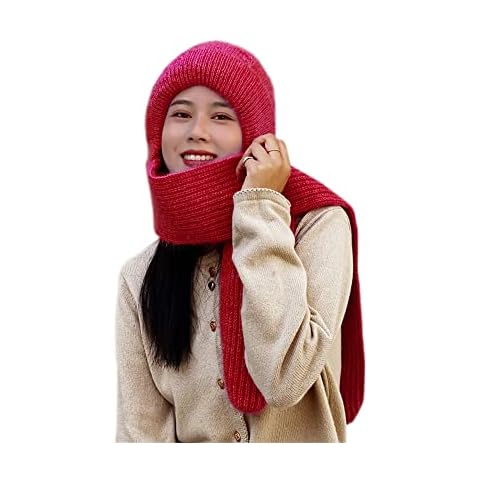 Winter Warm Elastic Soft Ear Protection Knitted Scarf Hat Fleece Lined Beanie Hat (H01-dark red) Cover