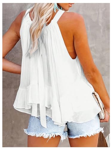 SweatyRocks Women's Halter Ruffle Flowy Top Sleeveless Ruched Sheer Tie Back Tanks Blouse2