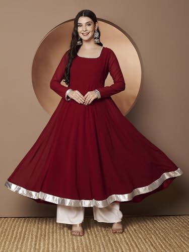 Image of KZA Women's Georgette Hand Embroidered Flared Anarkali Suit for Women | Full Sleeves Flare Anarkali Dress for Woman | Ethnic Flared Anarkali Kurta for Women