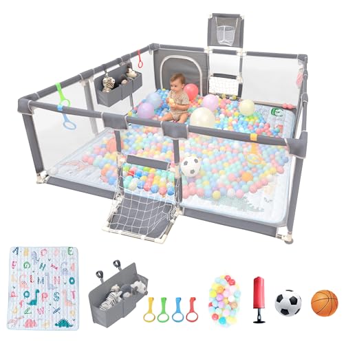 Image of Playpen for Babies and Toddlers,73"x71"Baby Playpen with Mat Indoor＆Outdoor with Breathable Play Pen with Ocean Balls Hanging Pocket Basketball Hoop and Football Goal (Grey with Mat, 73"x71")