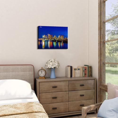 Image of Boston Wall Art Colorful City Night View Picture Photo Prints Study Office Wall Decor USA Cityscape Buildings Canvas Painting Nature Skyscraper Poster Artwork for Living Room Home Decorations 12x16 inch